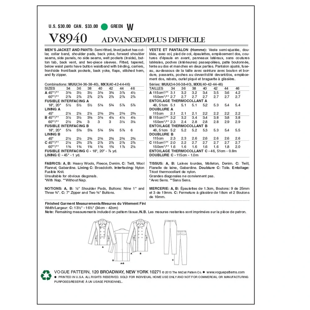 Vogue V8940 Sewing Pattern Men Size 40-46 Peacoat Jacket Pants‎ Uncut